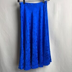 VTG Royal Blue Silk Floral Jacquard Midi Skirt 80s Side Zip Secretary High Rise
